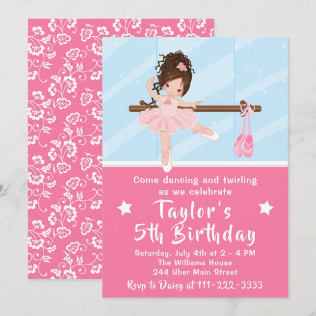 Brown Hair Ballerina i Rosa Tutu Birthday Inbjudningar (Fram/baksida)