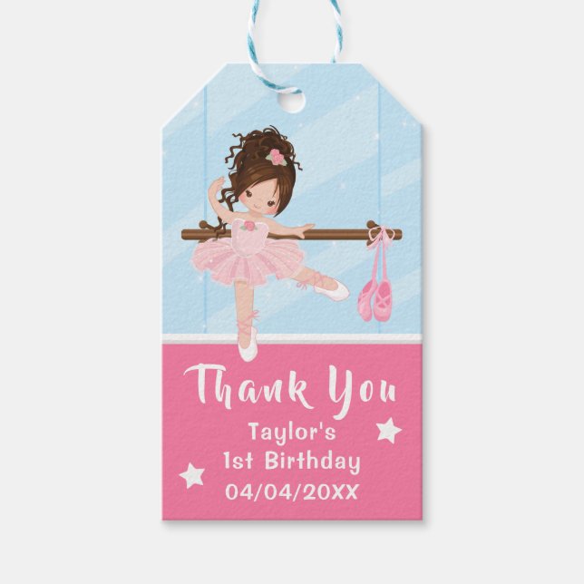 Brown Hair Ballerina Rosa Birthday Tack Gift Presentetikett (Framsidan)