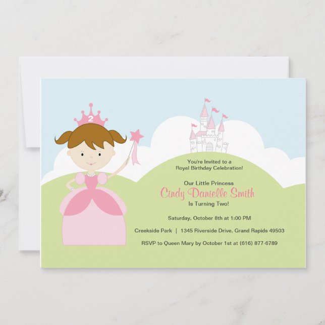 Brown Hair Birthday Princess i Rosa med Castle Inbjudningar (Framsida)