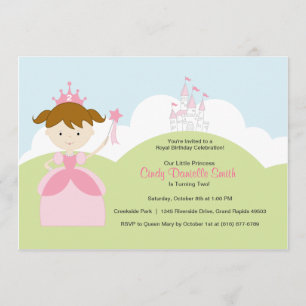Brown Hair Birthday Princess i Rosa med Castle Inbjudningar