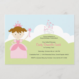 Brown Hair Birthday Princess i Rosa med Castle Inbjudningar