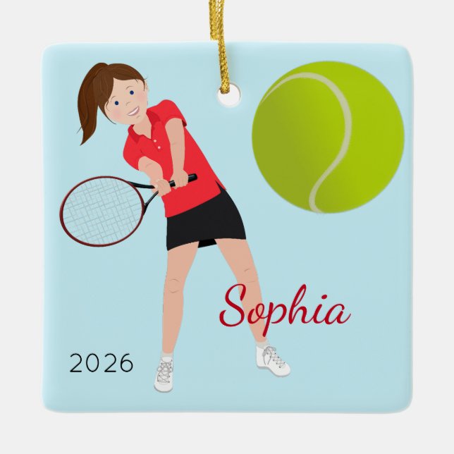 Brown Hair Blue Ögon Tennis Player Julgransprydnad Keramik (Framsida)
