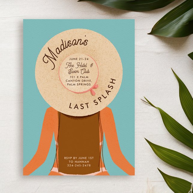 Brown Hair Förra Stänk Bachelorette Bassäng Party Inbjudningar (brown hair and tan skin girl wearing a beach hat - bachelorette pool party invitation)