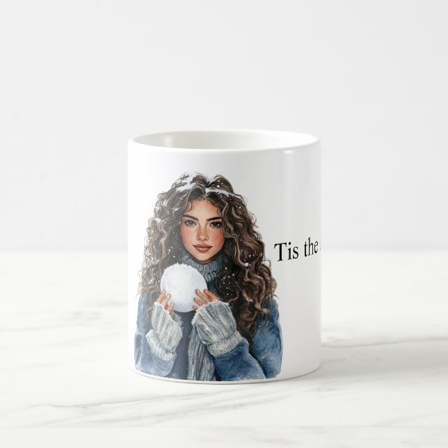 Brown Hair Girl Snowball Christmas Kaffemugg (Center)