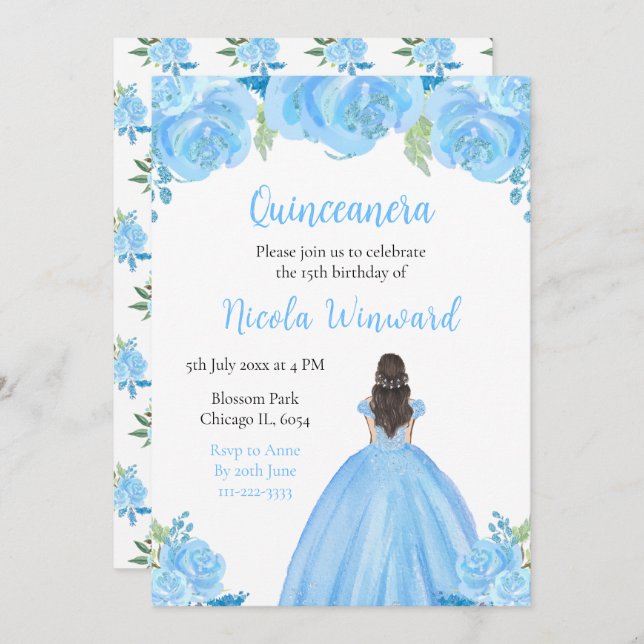 Brown Hair Princess Blue Blommigt Quinceanera Inbjudningar (Fram/baksida)