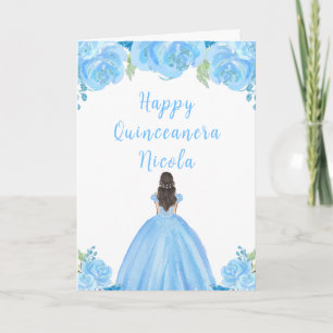 Brown Hair Princess Blue Blommigt Quinceanera Kort
