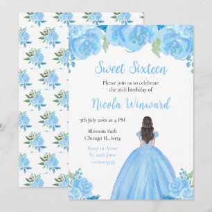 Brown Hair Princess Blue Blommigt Sweet sixteen Inbjudningar
