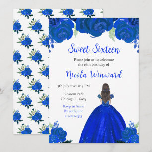 Brown Hair Princess Blue Blommigt Sweet sixteen Inbjudningar