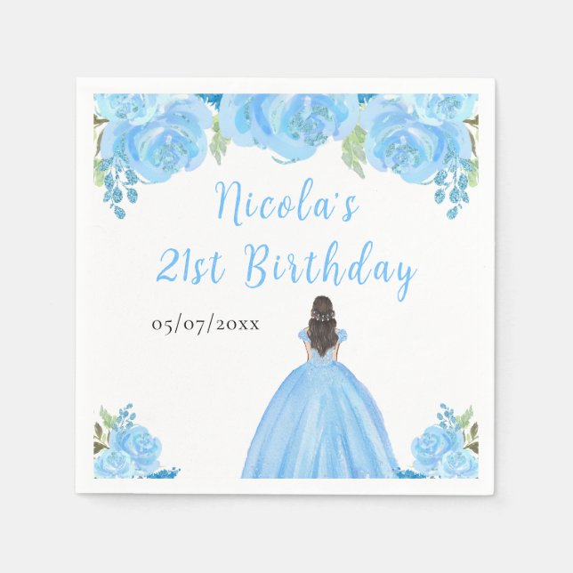 Brown Hair Princess Blue Floral Birthday Party Pappersservett (Framsidan)