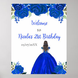 Brown Hair Princess Blue Floral Birthday Welcome Poster