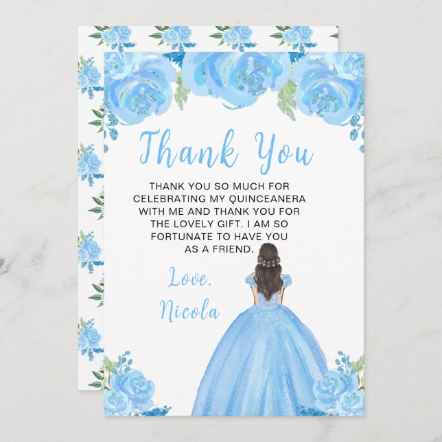Brown Hair Princess Blue Floral Quinceanera Tack Kort (Fram/baksida)