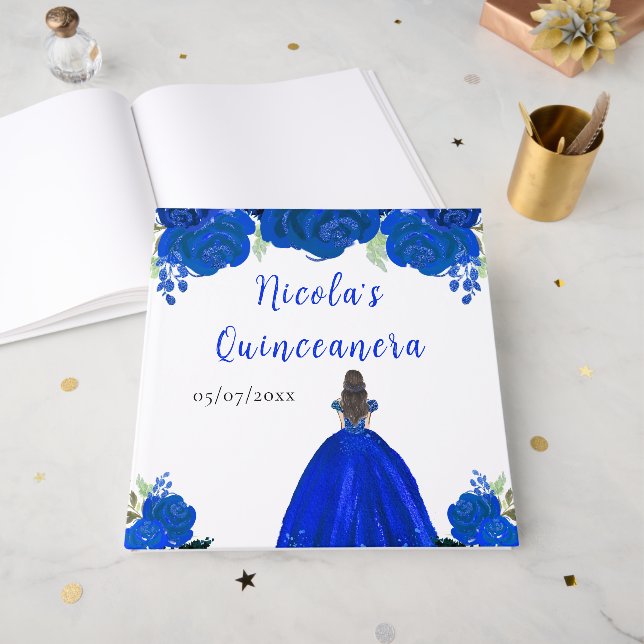 Brown Hair Princess Blue Quinceanera Guest Book Gästböcker (Framsidan öppen)