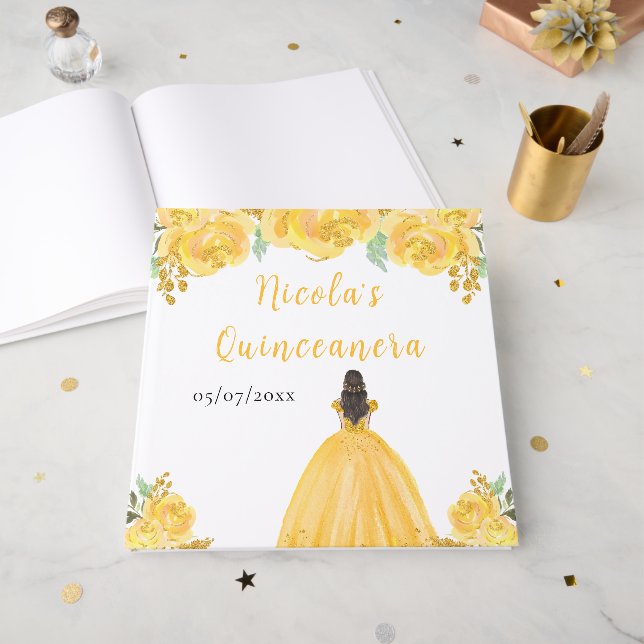 Brown Hair Princess Gold Quinceanera Guest Book Gästböcker (Framsidan öppen)