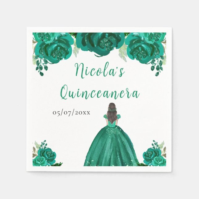 Brown Hair Princess Green Floral Quinceanera Pappersservett (Framsidan)
