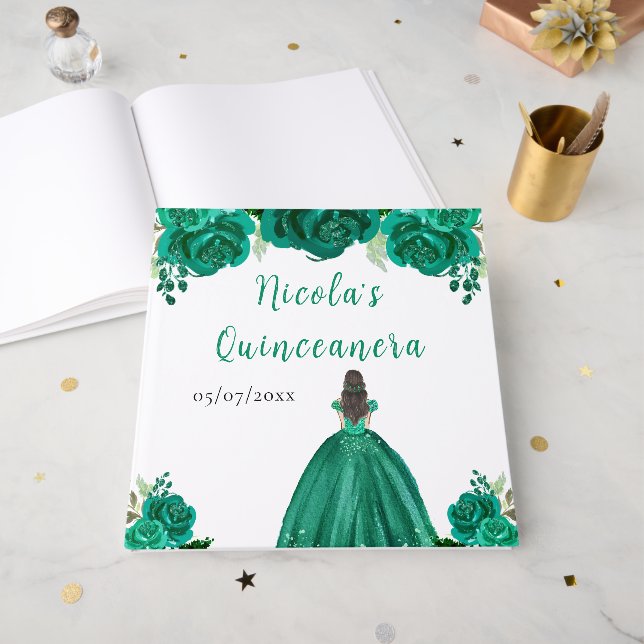 Brown Hair Princess Green Quinceanera Guest Book Gästböcker (Framsidan öppen)