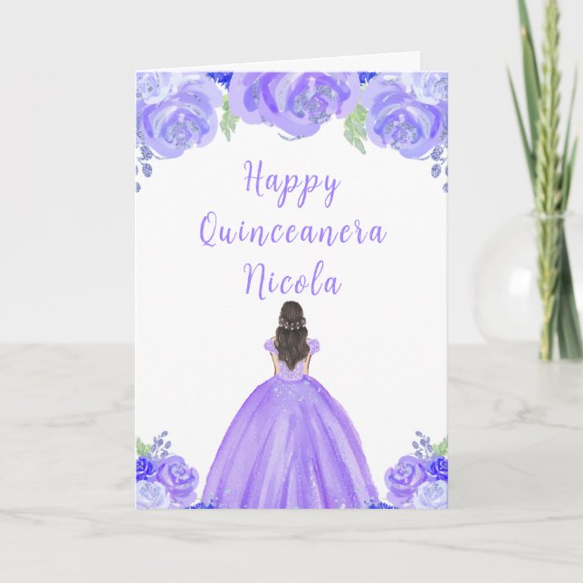 Brown Hair Princess Lila Blommigt Quinceanera Kort (Framsida)