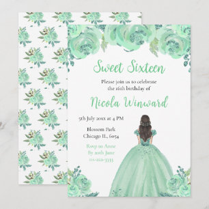 Brown Hair Princess Mint Blommigt Sweet sixteen Inbjudningar
