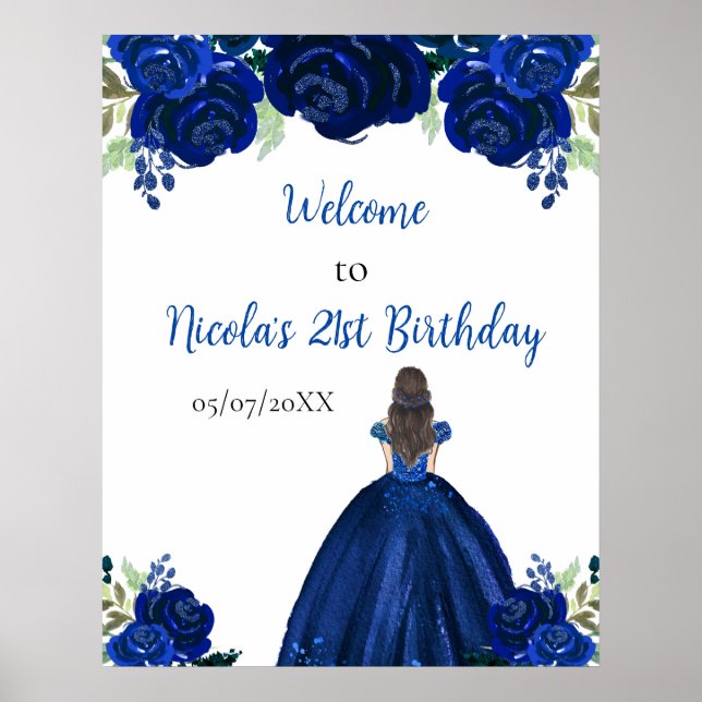 Brown Hair Princess Navy Blommigt Birthday Välkomm Poster (Framsidan)
