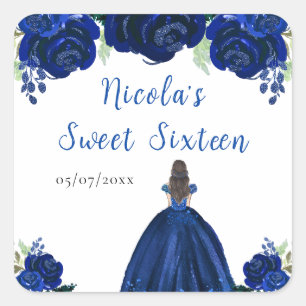Brown Hair Princess Navy Blommigt Sweet sixteen Fyrkantigt Klistermärke