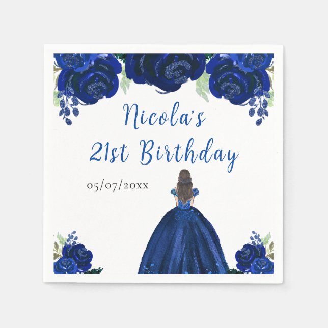 Brown Hair Princess Navy Floral Birthday Party Pappersservett (Framsidan)