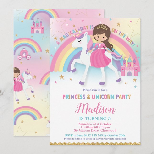 Brown Hair Princess och Unicorn Födelsedagsfest Inbjudningar (Fram/baksida)