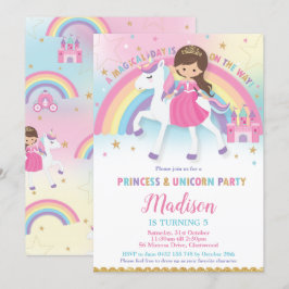Brown Hair Princess och Unicorn Födelsedagsfest Inbjudningar