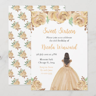 Brown Hair Princess Peach Blommigt Sweet sixteen Inbjudningar