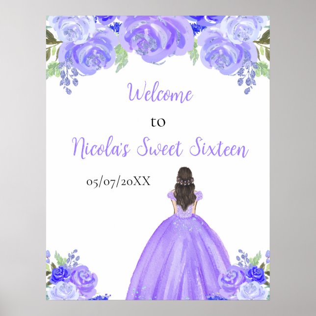 Brown Hair Princess Purple Sweet Sixteen Welcome Poster (Framsidan)