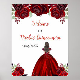 Brown Hair Princess Red Blommigt Quinceanera Välko Poster
