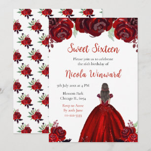 Brown Hair Princess Red Blommigt Sweet sixteen Inbjudningar