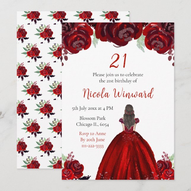 Brown Hair Princess Red Floral Birthday Party Inbjudningar (Fram/baksida)