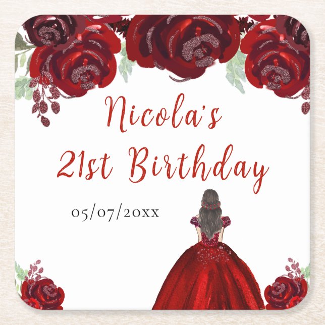 Brown Hair Princess Red Floral Birthday Underlägg Papper Kvadrat (Framsidan)