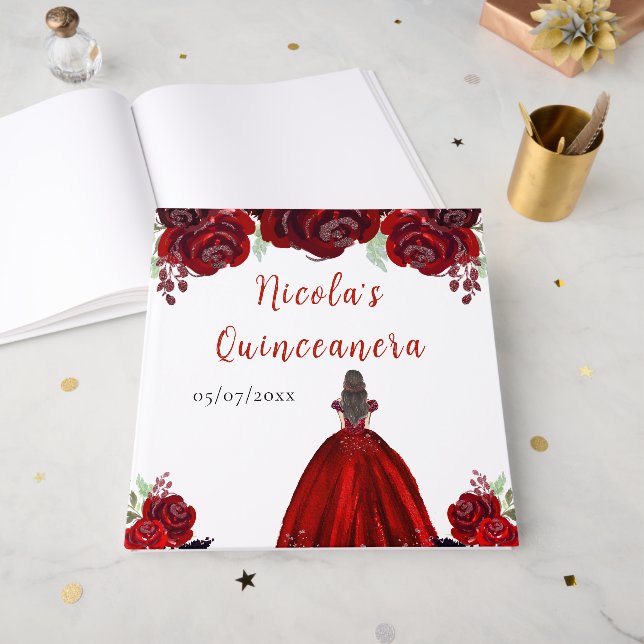 Brown Hair Princess Red Quinceanera Guest Book Gästböcker (Framsidan öppen)