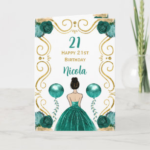 Brown Hair Princess Teal Grattis på födelsedagen Kort