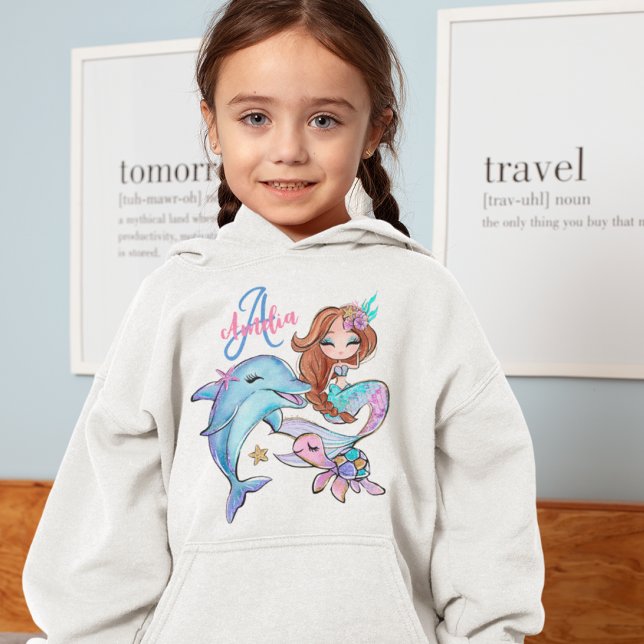 Brown Hair Sjöjungfru Anpassningsbar Kids Namn Ros T Shirt (Brown Hair Mermaid Custom Kids Name Pink Girl Hoodie
)