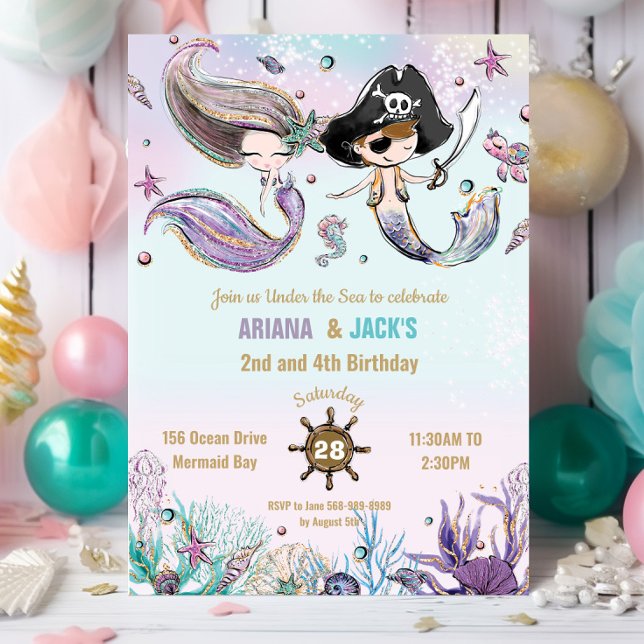 Brown Hair Sjöjungfruars Pirater Twillingars Joint Inbjudningar (mermaid and pirate twins brother sister joint pool birthday party invitation cards printed digital)