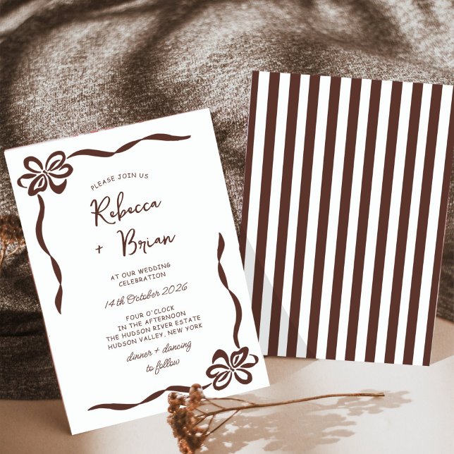 Brown Hand plockade Bow Ribbon Sketch Bröllop Inbjudningar (Skapare uppladdad)