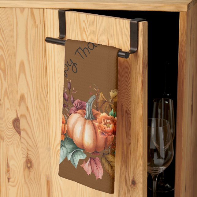 Brown Happy thanksgiving Pumpkin Fall Flowers Kökshandduk (Thirds Fold)