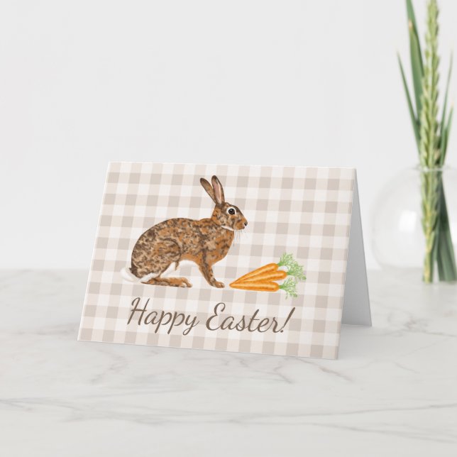 Brown Hare And Carrots Beige Gingham Happy Easter Kort (Framsida)