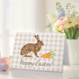 Brown Hare And Carrots Beige Gingham Happy Easter Kort