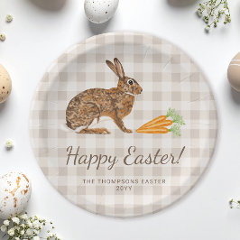 Brown Hare And Carrots Happy Easter Beige Gingham