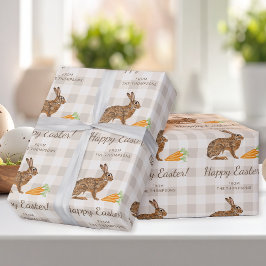 Brown Hare And Carrots Happy Easter Beige Gingham Presentpapper