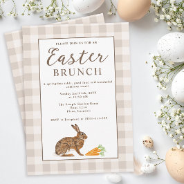 Brown Hare Beige Gingham Rustic Easter Brunch Inbjudningar