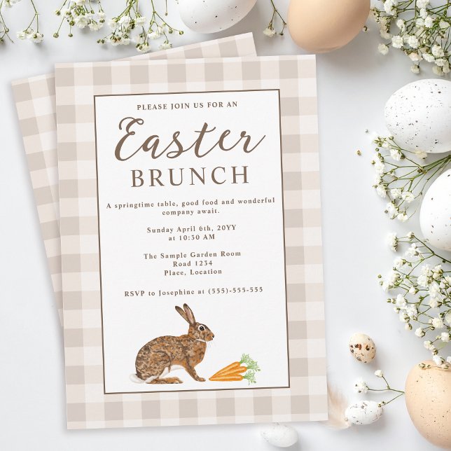 Brown Hare Beige Gingham Rustic Easter Brunch Inbjudningar (Skapare uppladdad)
