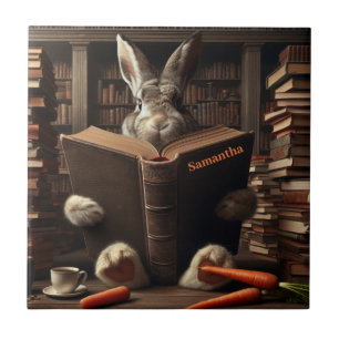 Brown Hare läser i bibliotek. Redigerbart namn Kakelplatta