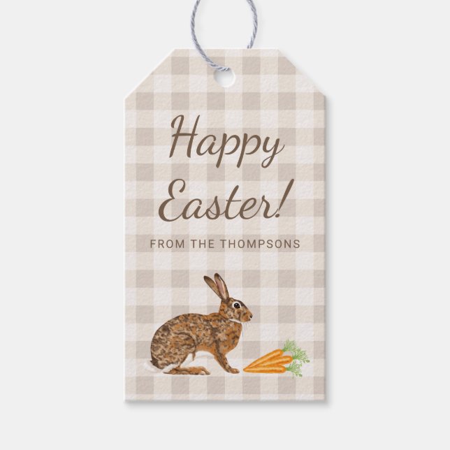 Brown Hare Rabbit And Carrots Happy Easter Beige Presentetikett (Framsidan)