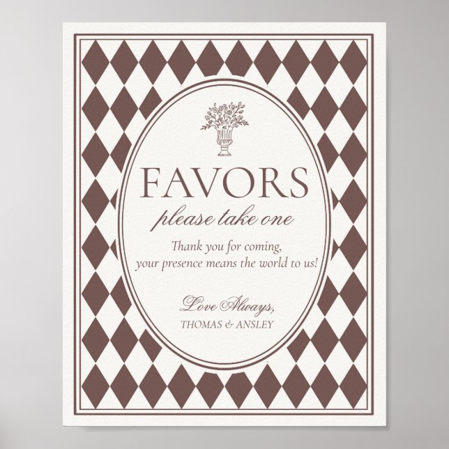 Brown Harlequin Checkered Wedding Favors Sign Poster (Framsidan)