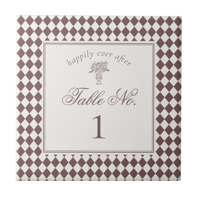 Brown Harlequin Checkered Wedding Table Number Kakelplatta (Framsidan)