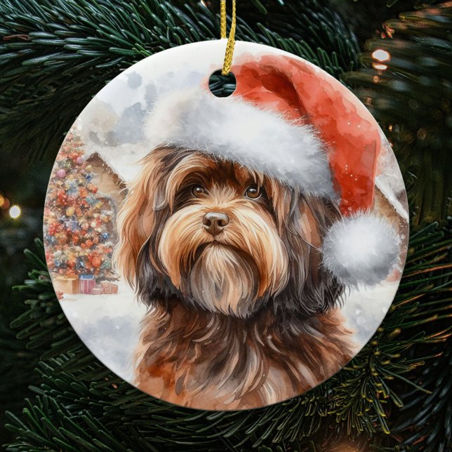 Brown Havanese Hund med jultomten jul Julgransprydnad Keramik (Skapare uppladdad)