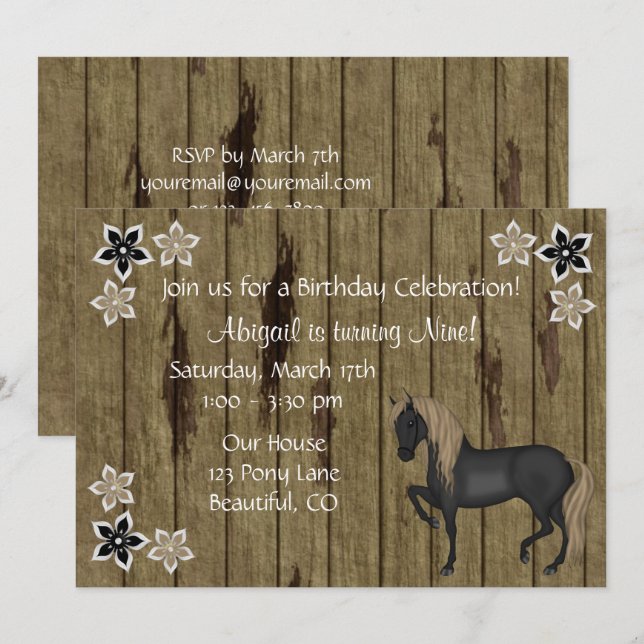 Brown Horse and Flowers, Faux Barn Wood Birthday Inbjudningar (Fram/baksida)